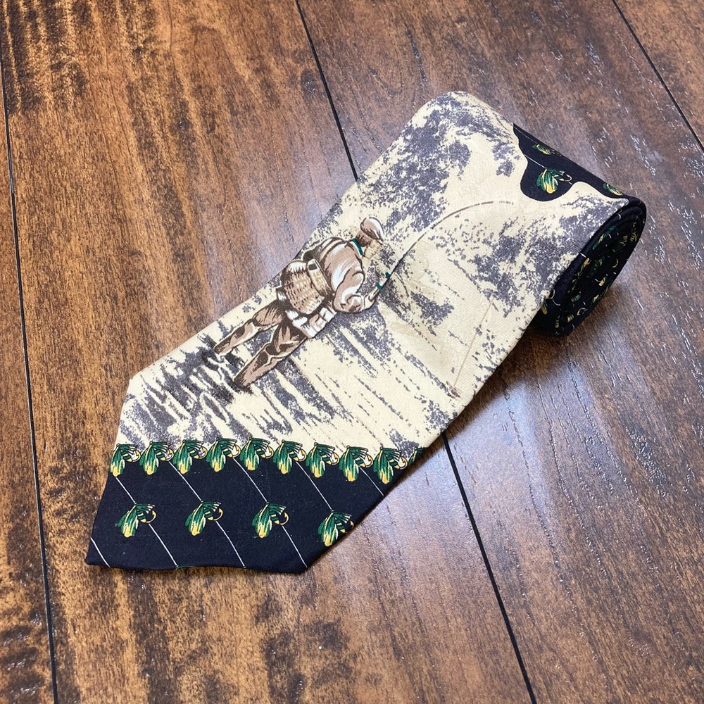 FIELD & STREAM Fly Fishing Tie Black Green 100% Silk Made in USA VTG
